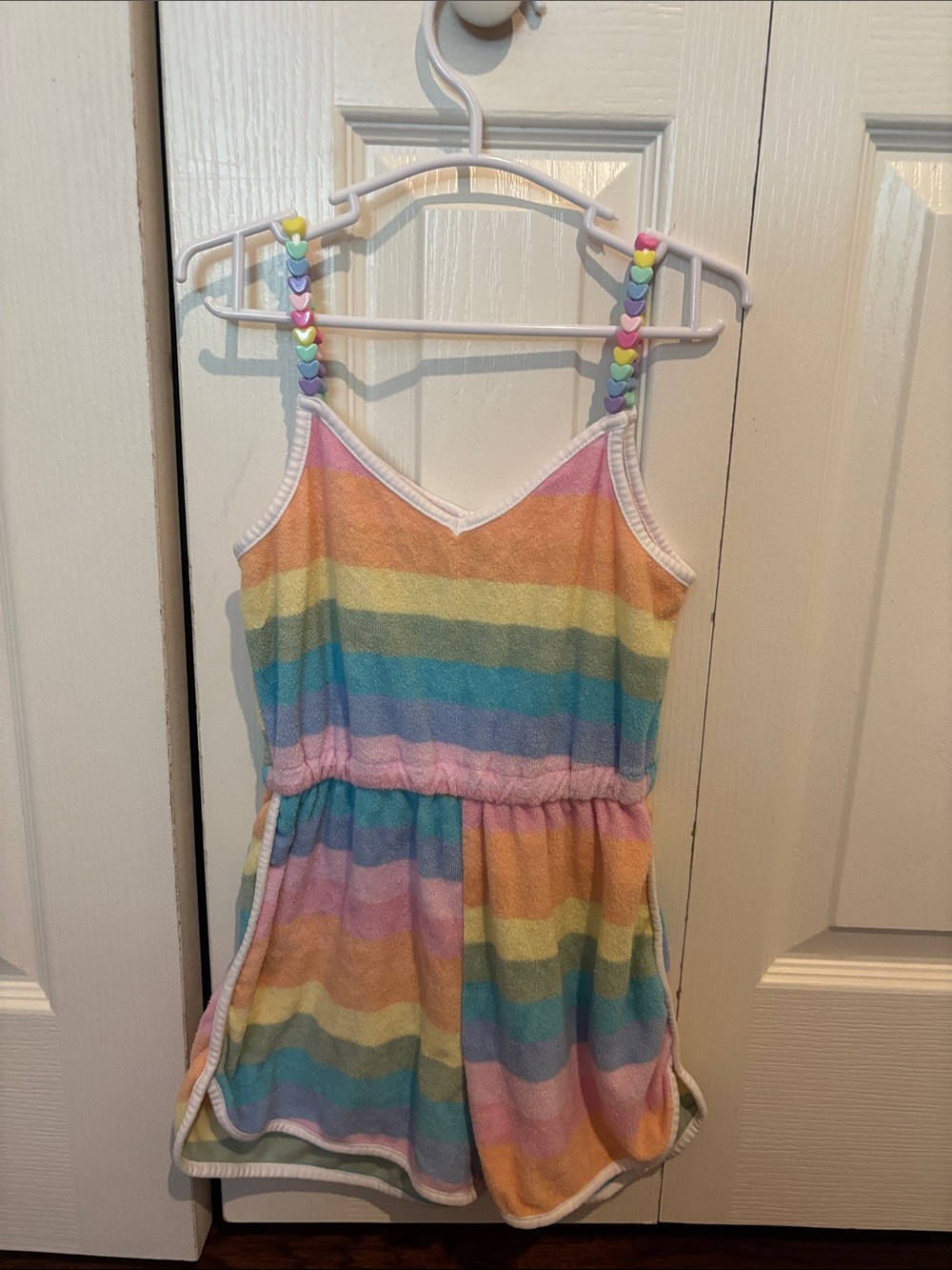 Girls Pastel Rainbow Striped Terry Romper with Heart Bead Straps